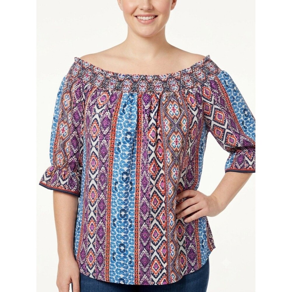 Mileage Peasant Top Women 2X Smocked Neckline Pullover Aztec Print Tie Sleeve